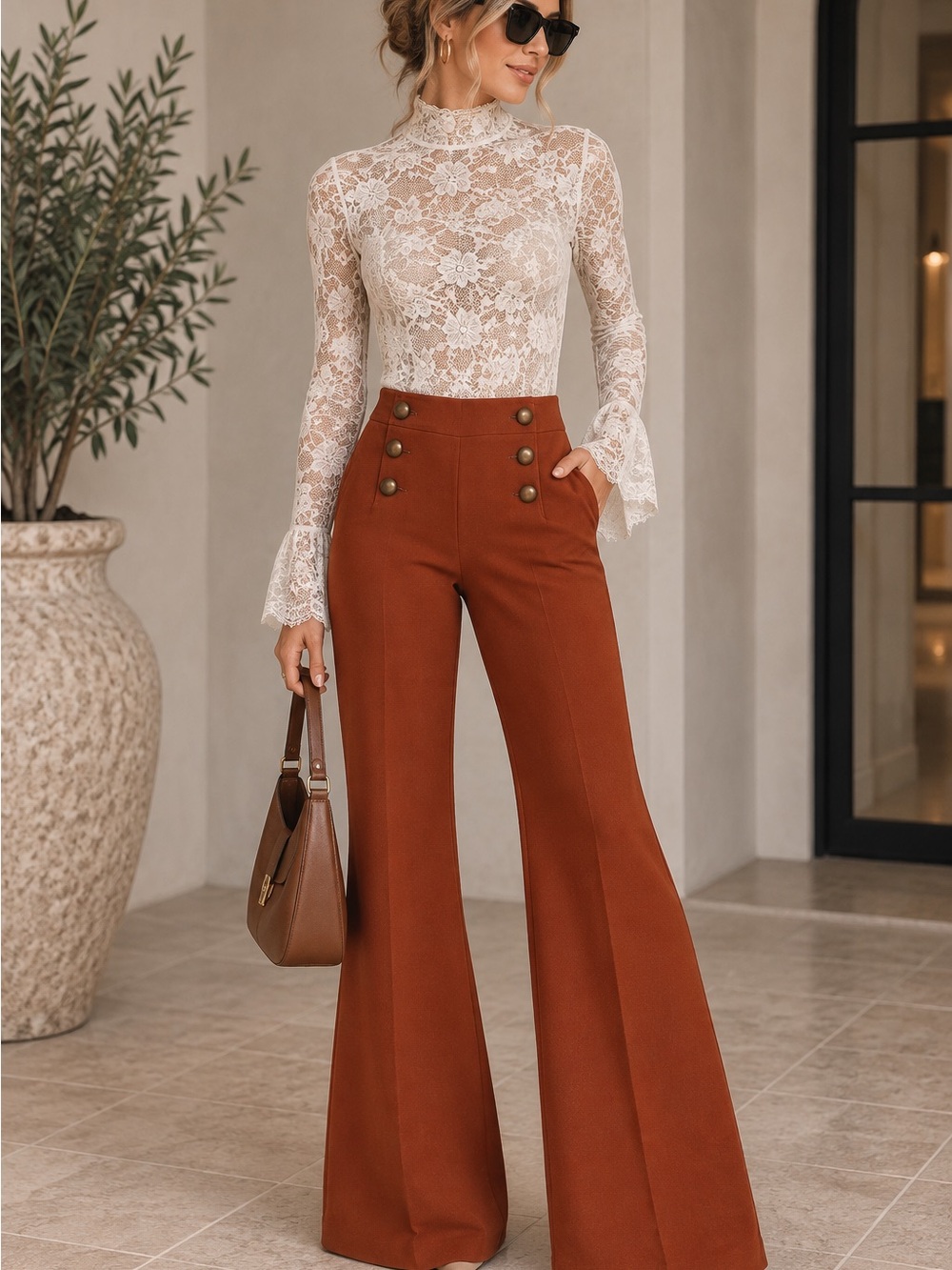 Express Rust-Brown High-Rise Flare Sailor Pants